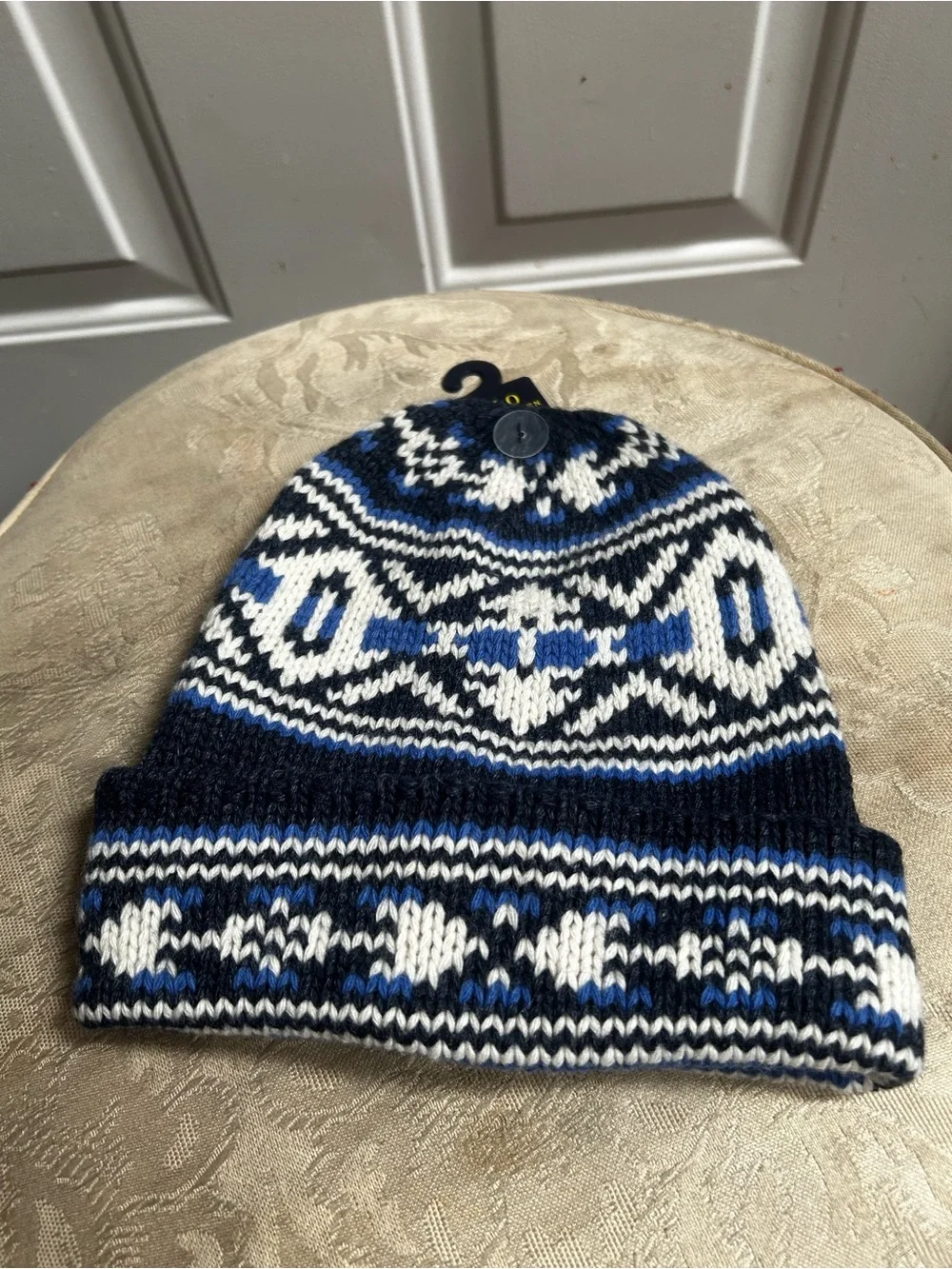 Polo by Ralph Lauren Fair Isle Wool Blend Blue, Black & White Knit Beanie